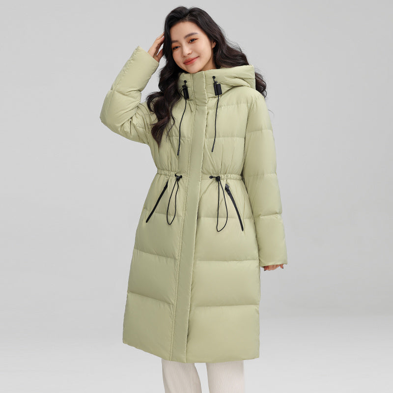 Drawstring Waist Long Below The Knee Down Jacket Women's Winter Casual Warm Jacket
