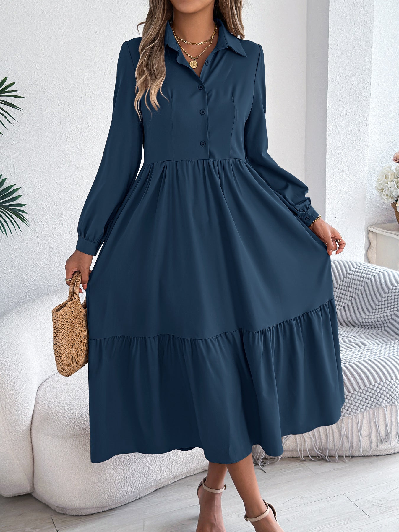 Long Sleeve Ruffled Shirt Dress