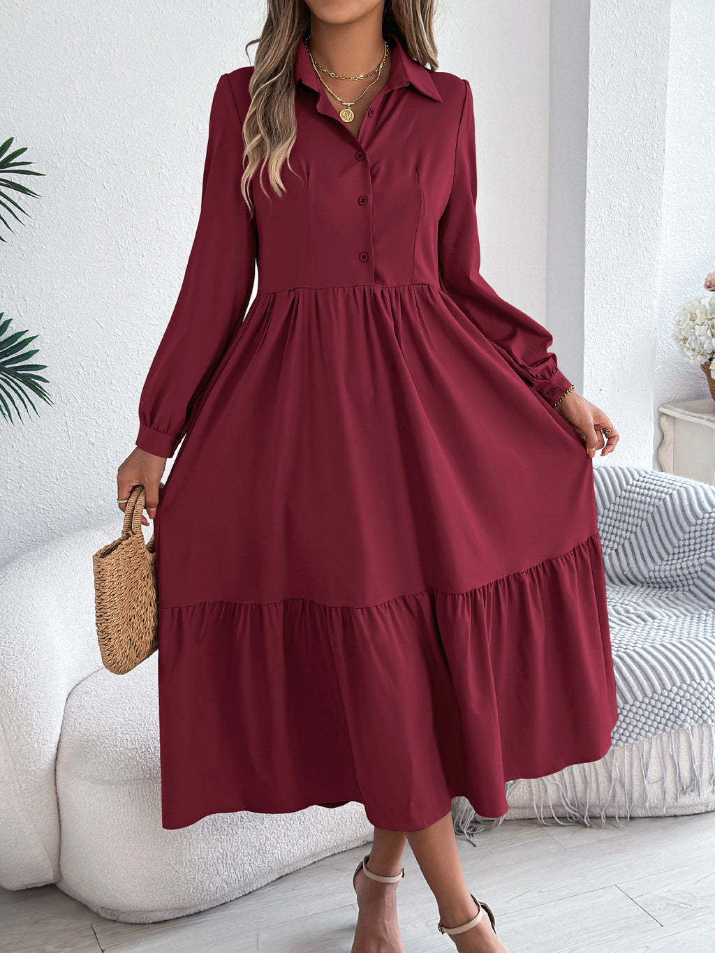 Long Sleeve Ruffled Shirt Dress