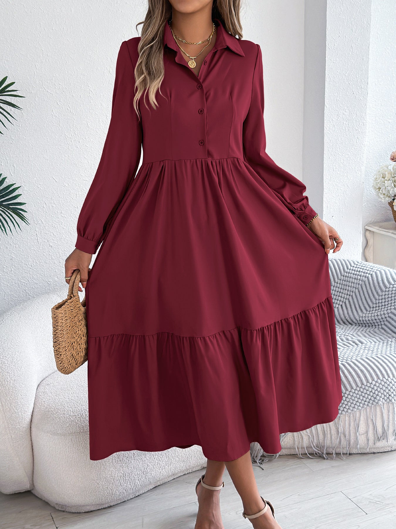 Long Sleeve Ruffled Shirt Dress