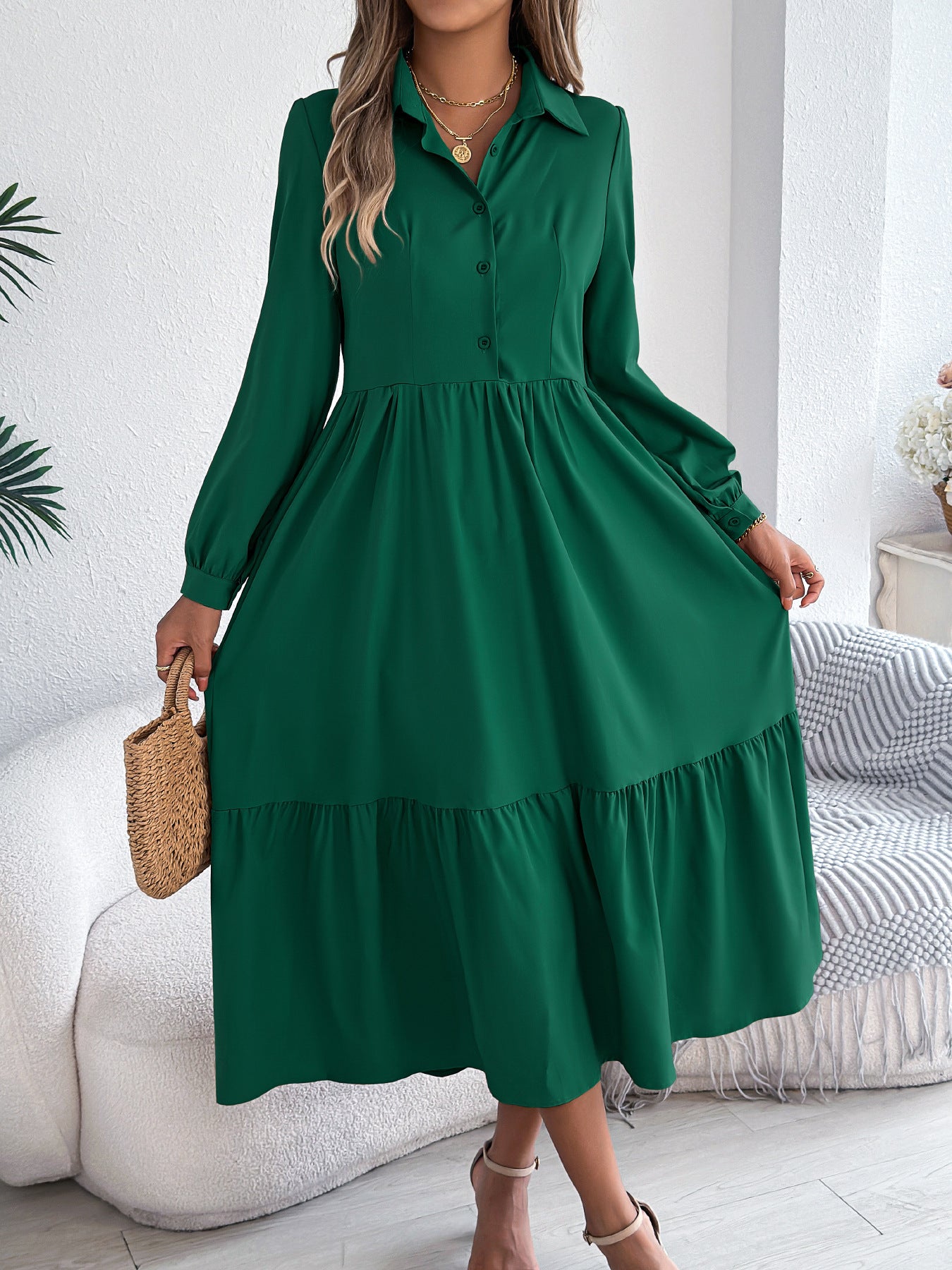 Long Sleeve Ruffled Shirt Dress
