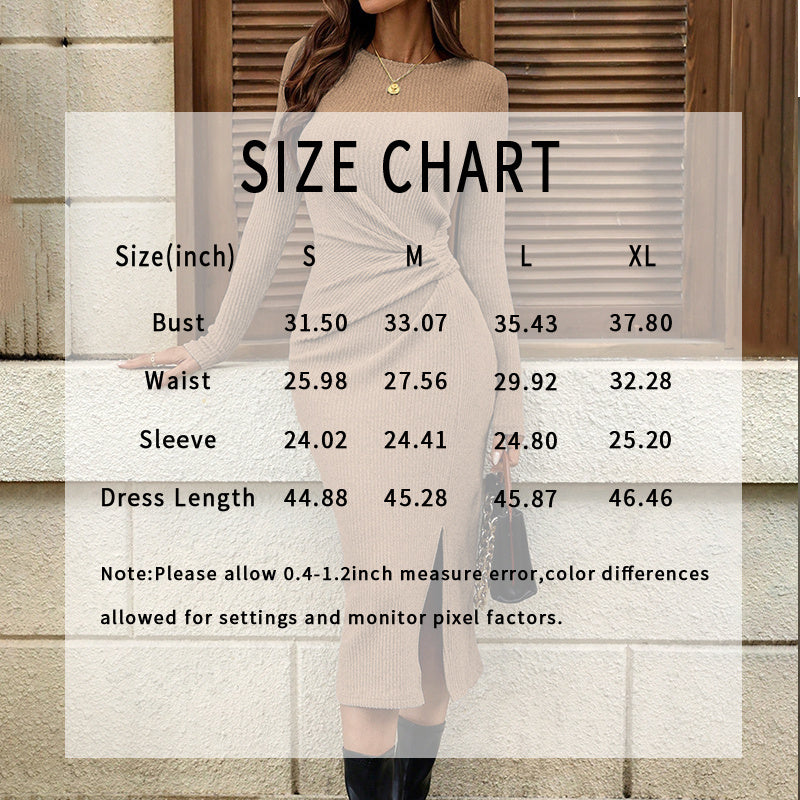 Women's Casual Twist Front Long Sleeve Midi Dress Round Neck Split Hem Bodycon Dresses