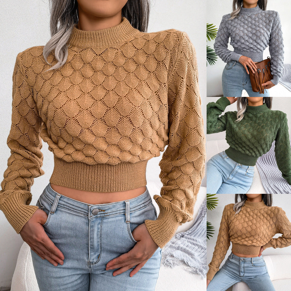 3D Diamond Long-Sleeve Cropped Knit Sweater