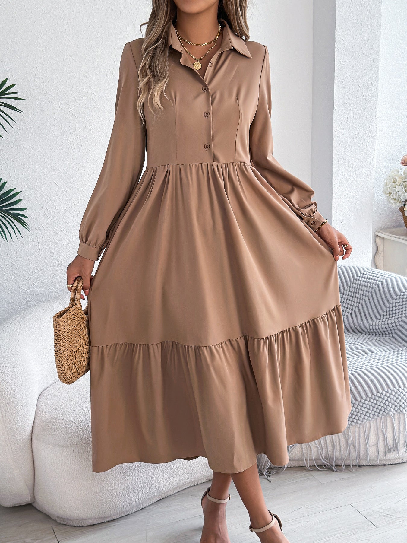 Long Sleeve Ruffled Shirt Dress